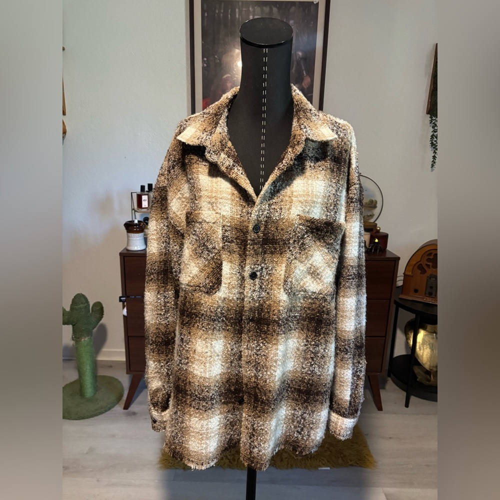 PacSun Brown and Cream Plaid Shirt Jacket